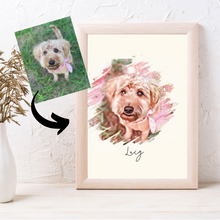 Load image into Gallery viewer, photo of goldendoodle, arrow pointing to painting of dog in frame with Lucy written underneath