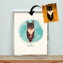 Load image into Gallery viewer, black and white cat photo turned into painting with teal background and name &quot;Whiskers&quot; written underneath cat