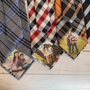 3 different mens ties with photos on the back